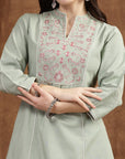 Green Embroidered Kurti with Lace Sleeves and Mandarin Collar