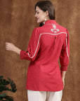 Cherry Cotton Top with Shirt Collar & Floral Embroidery