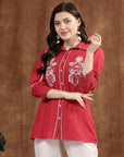 Cherry Cotton Top with Shirt Collar & Floral Embroidery
