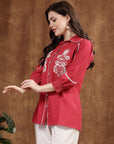 Cherry Cotton Top with Shirt Collar & Floral Embroidery