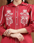 Cherry Cotton Top with Shirt Collar & Floral Embroidery