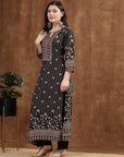 Placement Printed Straight Poly Muslin Kurta Set with Sewroskie Work and Three-Quarter Sleeves