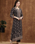 Placement Printed Straight Poly Muslin Kurta Set with Sewroskie Work and Three-Quarter Sleeves
