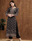 Placement Printed Straight Poly Muslin Kurta Set with Sewroskie Work and Three-Quarter Sleeves