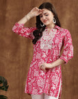 Pink Floral Cotton Tunic with Dori Embroidery & Lace Sleeves