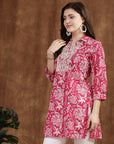 Pink Floral Cotton Tunic with Dori Embroidery & Lace Sleeves