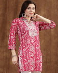Pink Floral Cotton Tunic with Dori Embroidery & Lace Sleeves