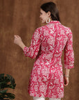Pink Floral Cotton Tunic with Dori Embroidery & Lace Sleeves
