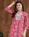 Pink Floral Cotton Tunic with Dori Embroidery & Lace Sleeves
