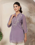 Poly Chiffon Tunic with Lace Embroidered Yoke & Bell Sleeves