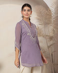 Poly Chiffon Tunic with Lace Embroidered Yoke & Bell Sleeves