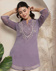 Poly Chiffon Tunic with Lace Embroidered Yoke & Bell Sleeves