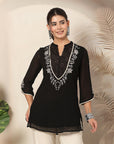 Poly Chiffon Tunic with Lace Embroidered Yoke & Bell Sleeves