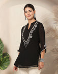 Poly Chiffon Tunic with Lace Embroidered Yoke & Bell Sleeves