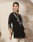 Poly Chiffon Tunic with Lace Embroidered Yoke & Bell Sleeves