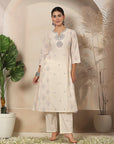 Abstract Printed A-Line Cotton Cambric Kurta Set with Embroidery