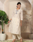 Abstract Printed A-Line Cotton Cambric Kurta Set with Embroidery