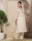 Abstract Printed A-Line Cotton Cambric Kurta Set with Embroidery