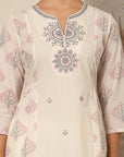 Abstract Printed A-Line Cotton Cambric Kurta Set with Embroidery