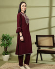 Solid Rayon Crinkle Kurta Set with Thread Embroidery