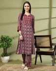 Abstract Printed A-Line Rayon Kurta Set with Sewroskie Work