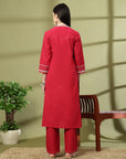 Embroidered Cotton Linen Kurta Set with Straight Palazzo & Pockets