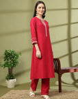 Embroidered Cotton Linen Kurta Set with Straight Palazzo & Pockets