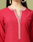 Embroidered Cotton Linen Kurta Set with Straight Palazzo & Pockets