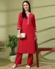 Embroidered Cotton Linen Kurta Set with Straight Palazzo & Pockets