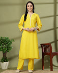 Embroidered Cotton Linen Kurta Set with Straight Palazzo & Pockets