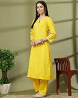 Embroidered Cotton Linen Kurta Set with Straight Palazzo & Pockets
