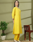 Embroidered Cotton Linen Kurta Set with Straight Palazzo & Pockets