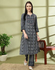 Abstract Printed A-Line Rayon Kurta Set with Sewroskie Work
