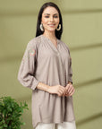 Grey Rayon Crinkle Shirt with Embroidered Back & Lace Inserts