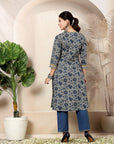 Floral Printed A-Line Cotton Kurta Set with Embroidery & Dupatta