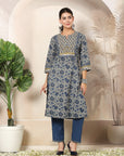 Floral Printed A-Line Cotton Kurta Set with Embroidery & Dupatta