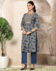 Floral Printed A-Line Cotton Kurta Set with Embroidery & Dupatta