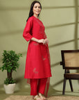 Solid Straight Silk Kurta Set with Thread Embroidery & Organza Dupatta