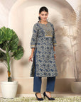 Floral Printed A-Line Cotton Kurta Set with Embroidery & Dupatta