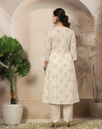 Abstract Printed A-Line Cotton Cambric Kurta Set with Embroidery