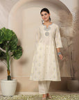 Abstract Printed A-Line Cotton Cambric Kurta Set with Embroidery