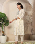 Abstract Printed A-Line Cotton Cambric Kurta Set with Embroidery