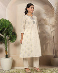 Abstract Printed A-Line Cotton Cambric Kurta Set with Embroidery