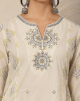 Abstract Printed A-Line Cotton Cambric Kurta Set with Embroidery