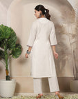 Solid Straight Cotton Linen Kurta Set with Geometric Embroidery