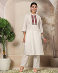 Solid Straight Cotton Linen Kurta Set with Geometric Embroidery
