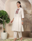 Solid Straight Cotton Linen Kurta Set with Geometric Embroidery