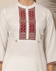 Solid Straight Cotton Linen Kurta Set with Geometric Embroidery