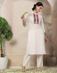 Solid Straight Cotton Linen Kurta Set with Geometric Embroidery
