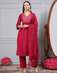 Silk Flared Kurta Set with Zari Embroidery & Solid Dupatta